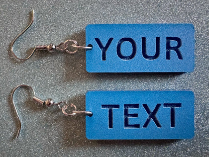 Custom Text Earrings: Laser Engraved Words, Blue with Blue Text, Letters, Names, Teacher Gift, Anniversary, Best Gifts for Her/Him/Them