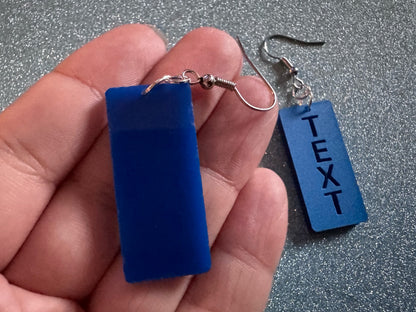Custom Text Earrings: Laser Engraved Words, Blue with Blue Text, Letters, Names, Teacher Gift, Anniversary, Best Gifts for Her/Him/Them