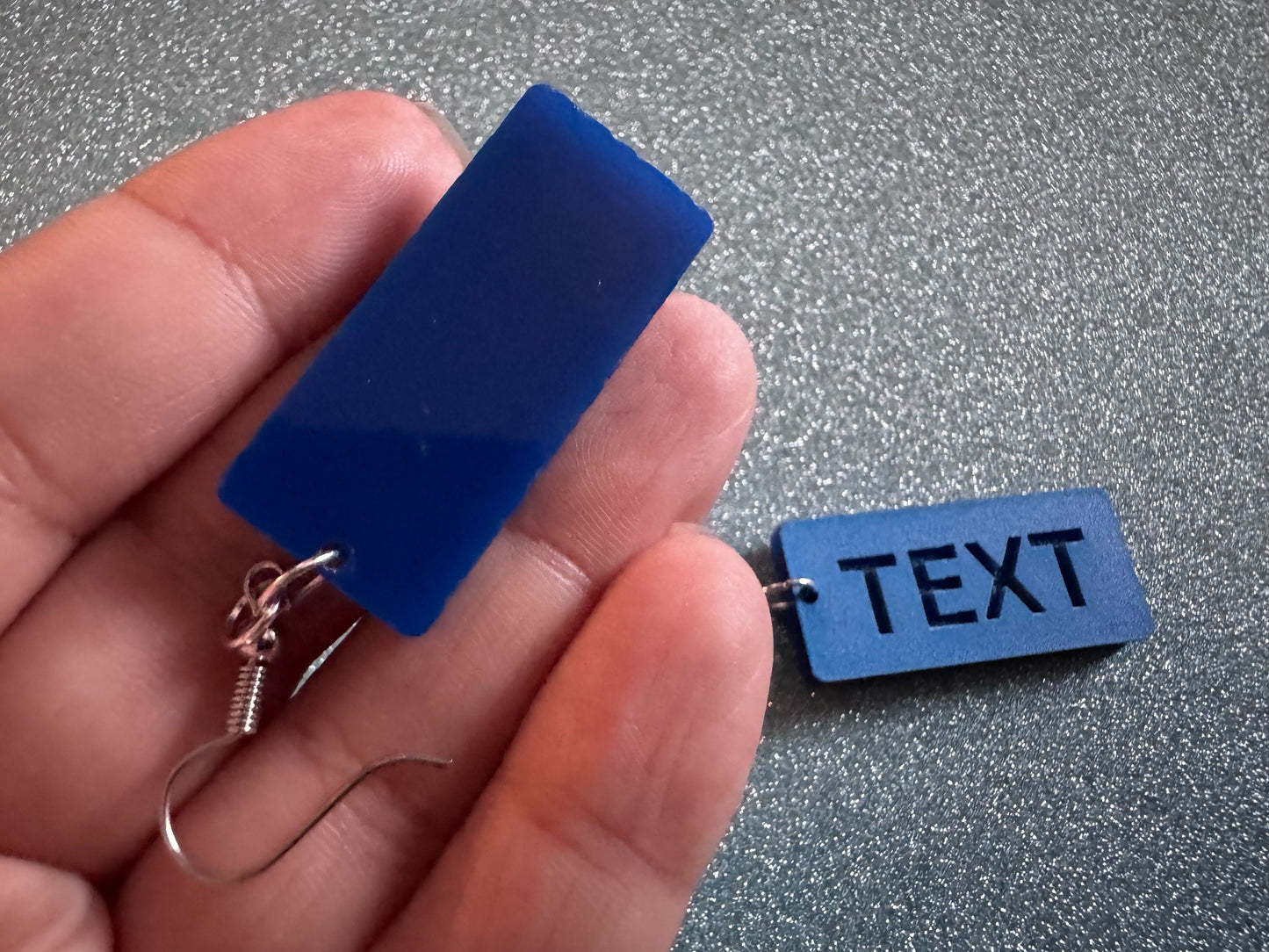Custom Text Earrings: Laser Engraved Words, Blue with Blue Text, Letters, Names, Teacher Gift, Anniversary, Best Gifts for Her/Him/Them