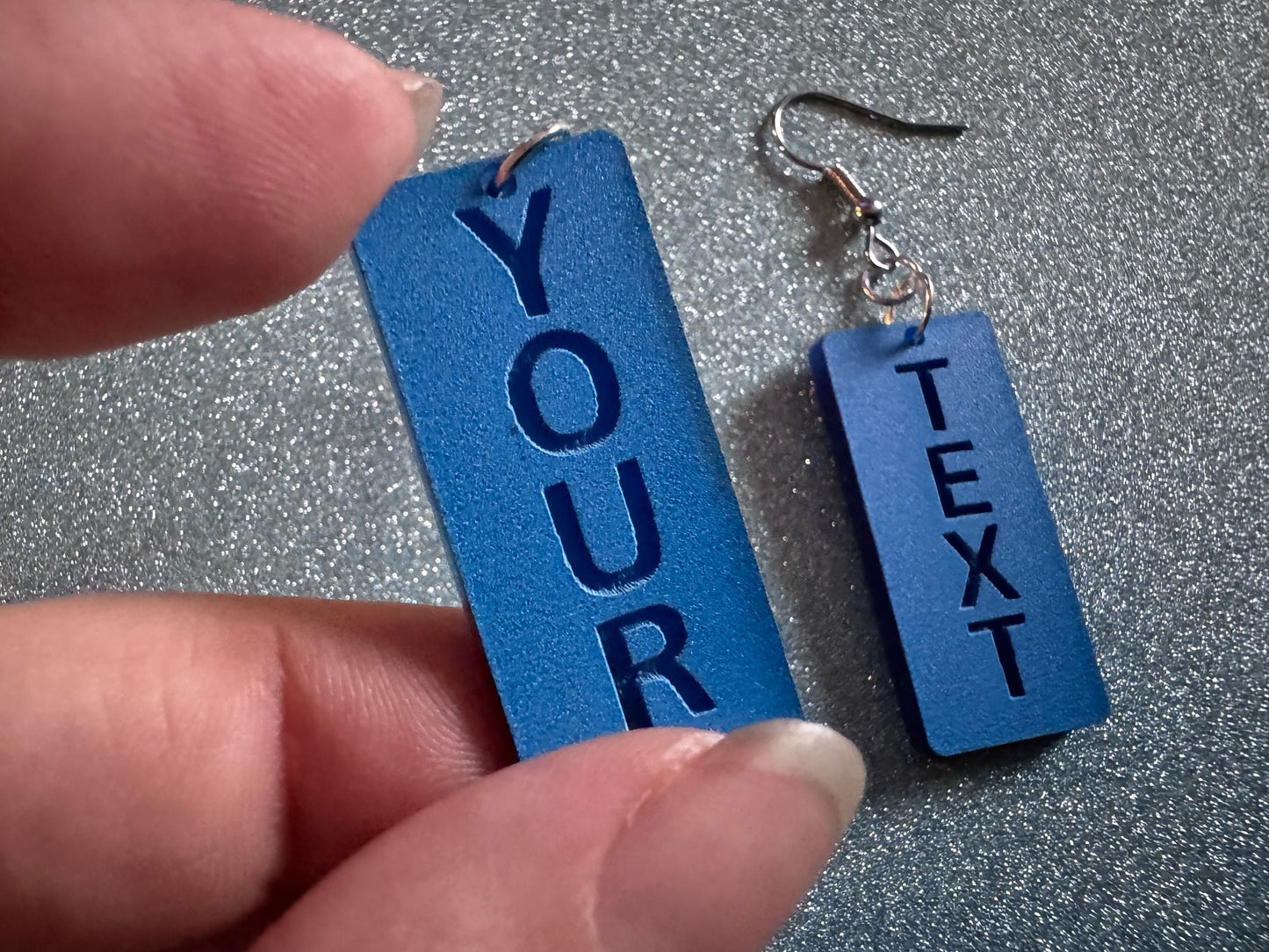 Custom Text Earrings: Laser Engraved Words, Blue with Blue Text, Letters, Names, Teacher Gift, Anniversary, Best Gifts for Her/Him/Them