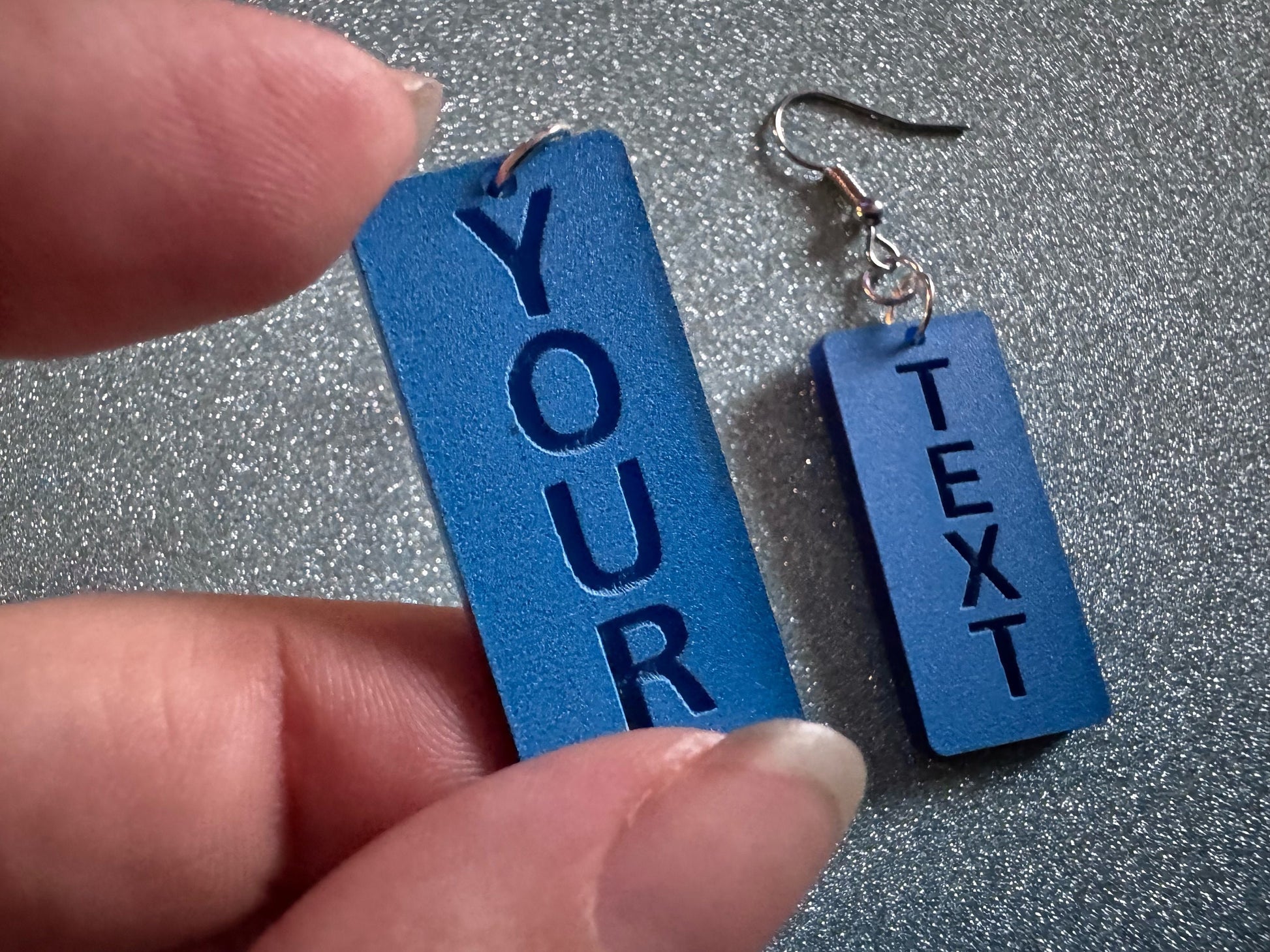 Custom Text Earrings: Laser Engraved Words, Blue with Blue Text, Letters, Names, Teacher Gift, Anniversary, Best Gifts for Her/Him/Them