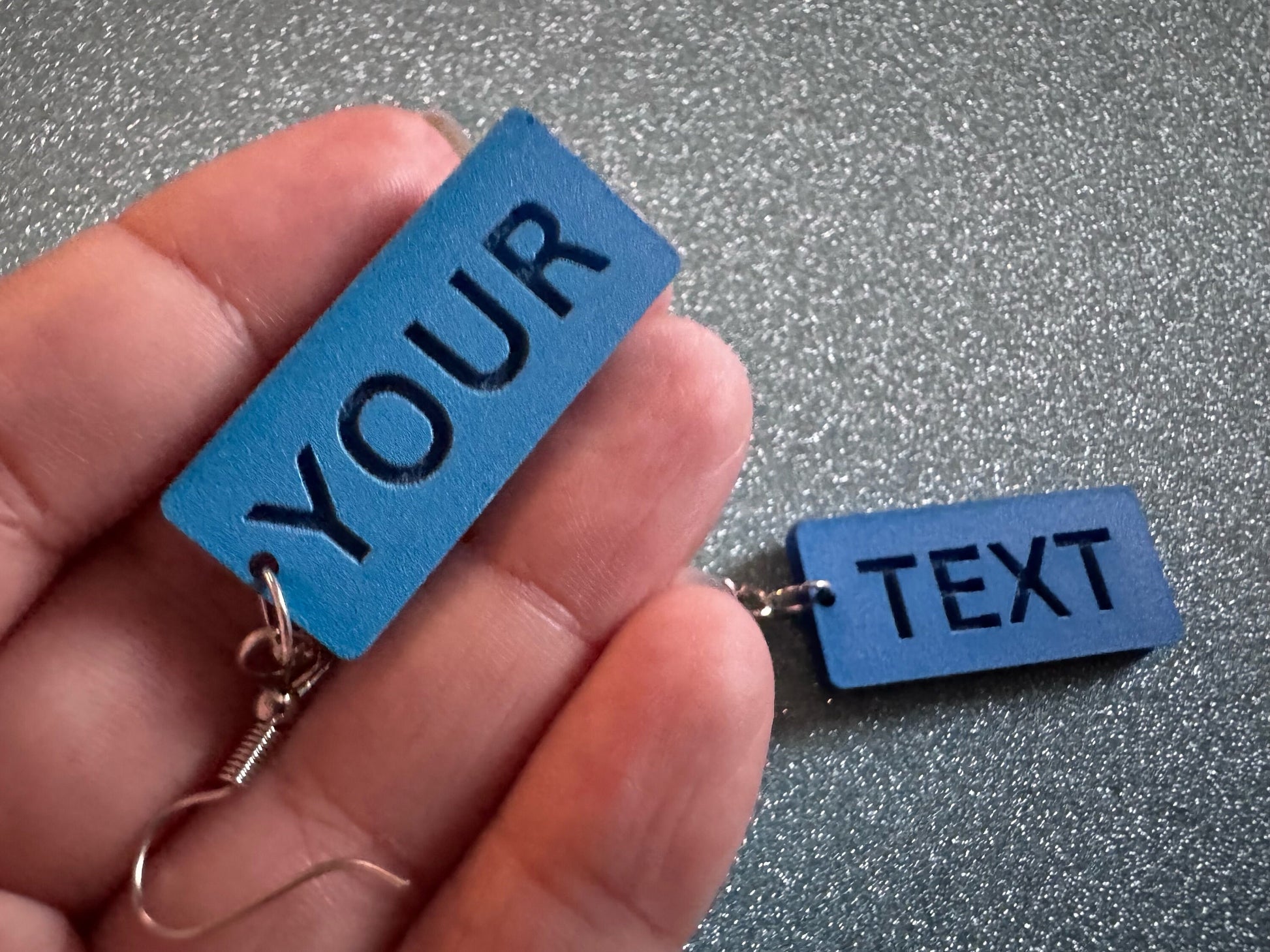 Custom Text Earrings: Laser Engraved Words, Blue with Blue Text, Letters, Names, Teacher Gift, Anniversary, Best Gifts for Her/Him/Them