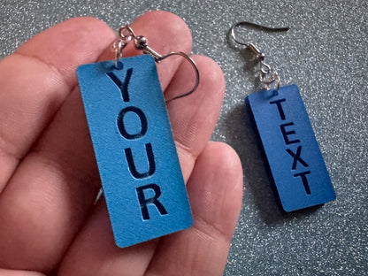 Custom Text Earrings: Laser Engraved Words, Blue with Blue Text, Letters, Names, Teacher Gift, Anniversary, Best Gifts for Her/Him/Them