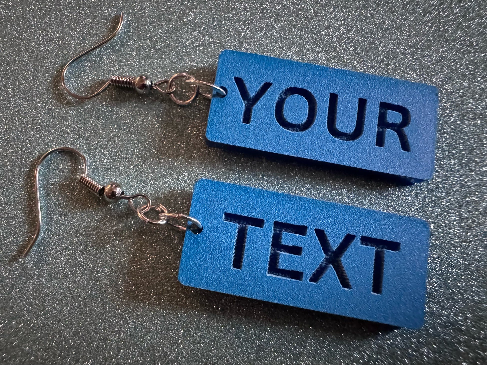 Custom Text Earrings: Laser Engraved Words, Blue with Blue Text, Letters, Names, Teacher Gift, Anniversary, Best Gifts for Her/Him/Them