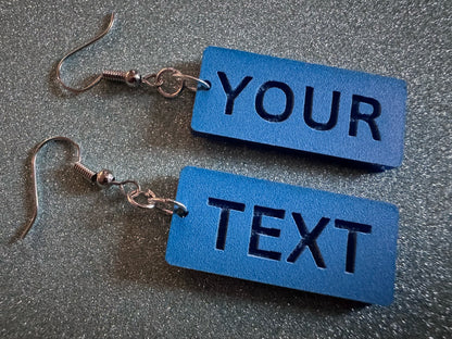 Custom Text Earrings: Laser Engraved Words, Blue with Blue Text, Letters, Names, Teacher Gift, Anniversary, Best Gifts for Her/Him/Them