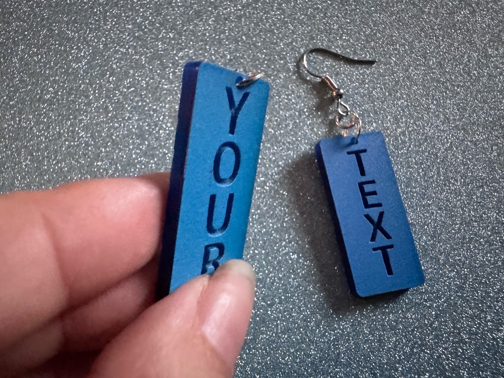 Custom Text Earrings: Laser Engraved Words, Blue with Blue Text, Letters, Names, Teacher Gift, Anniversary, Best Gifts for Her/Him/Them