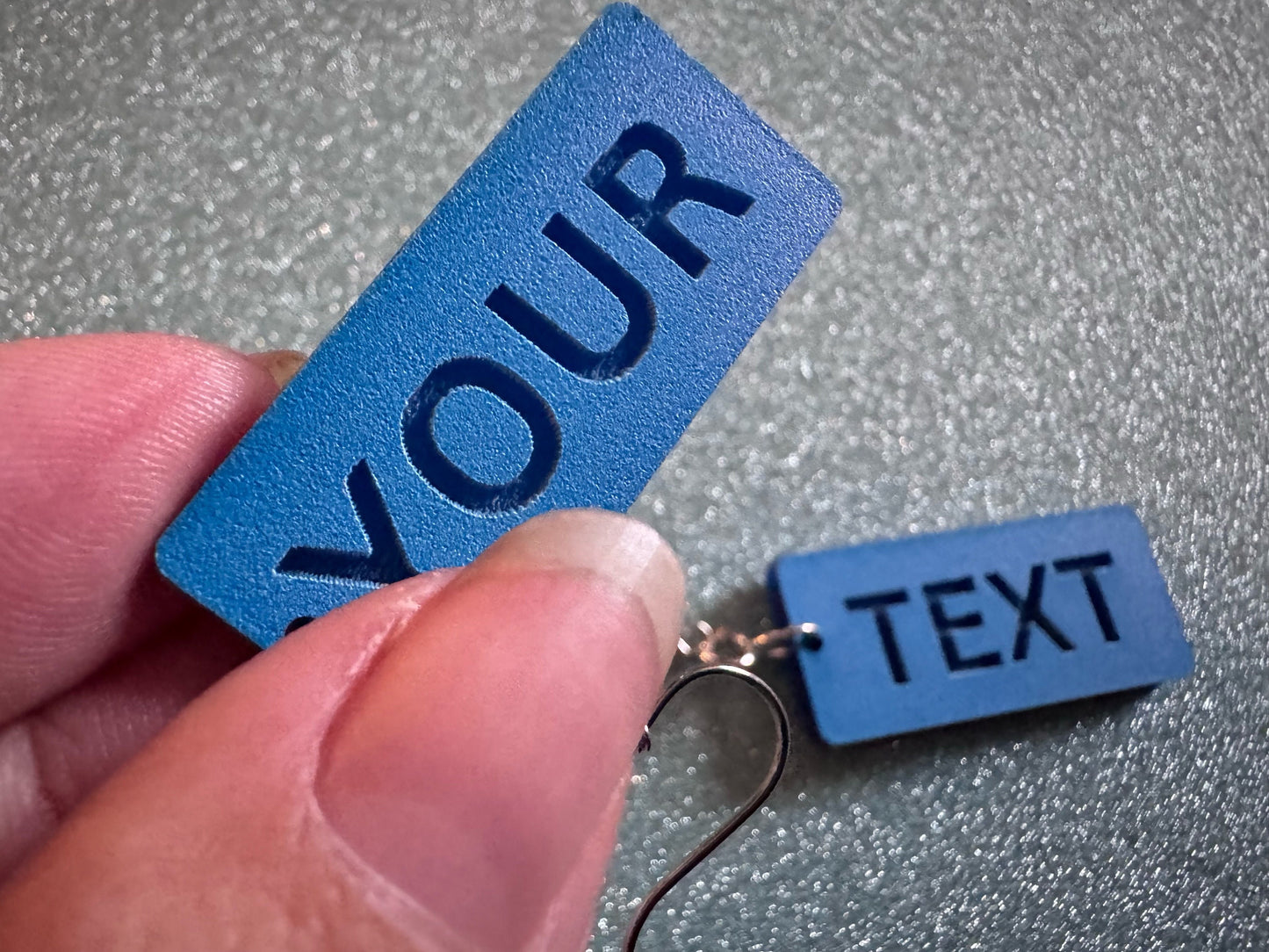 Custom Text Earrings: Laser Engraved Words, Blue with Blue Text, Letters, Names, Teacher Gift, Anniversary, Best Gifts for Her/Him/Them