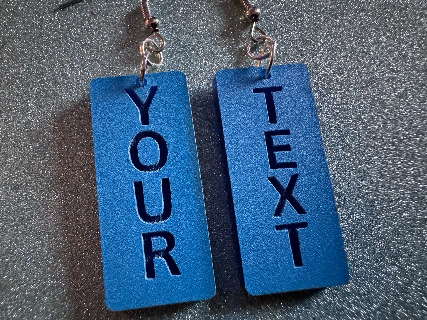 Custom Text Earrings: Laser Engraved Words, Blue with Blue Text, Letters, Names, Teacher Gift, Anniversary, Best Gifts for Her/Him/Them