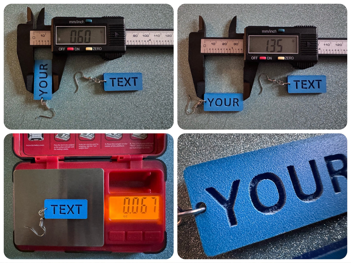 Custom Text Earrings: Laser Engraved Words, Blue with Blue Text, Letters, Names, Teacher Gift, Anniversary, Best Gifts for Her/Him/Them