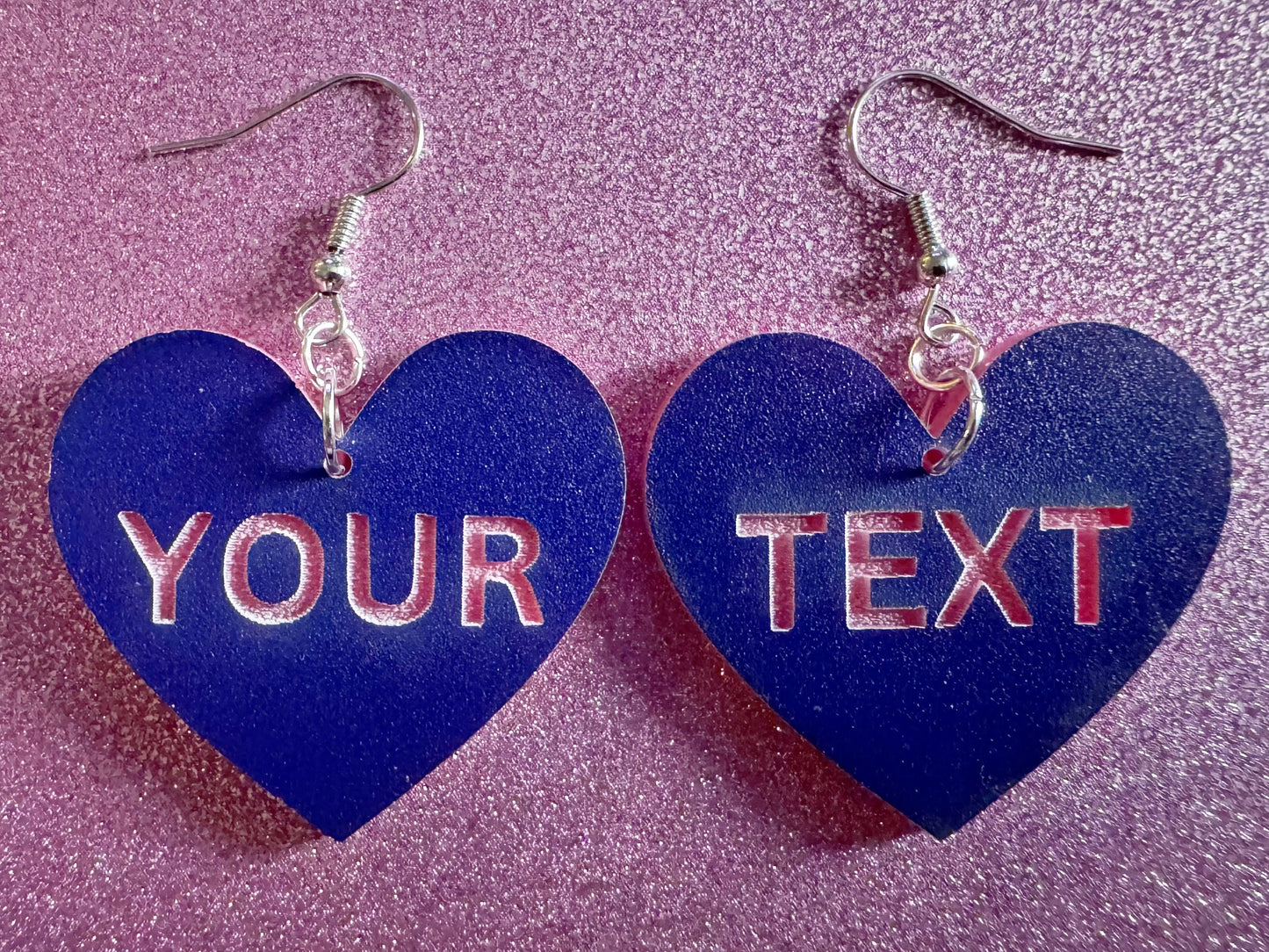 Custom Text Earrings: Laser Engraved Words, Blue with Pink Text, Letters, Names, Teacher Gift, Anniversary, Best Gifts for Her/Him/Them