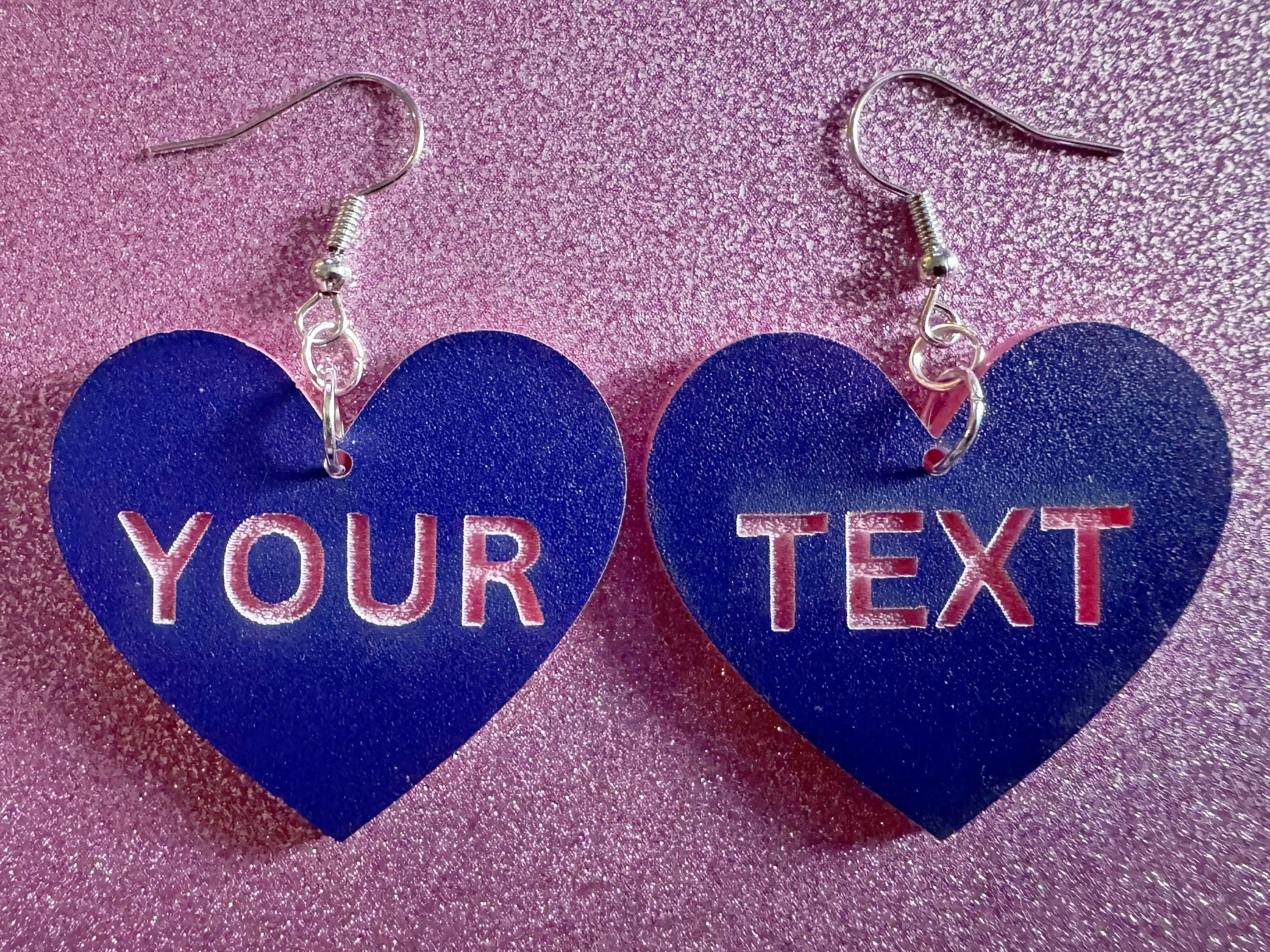 Custom Text Earrings: Laser Engraved Words, Blue with Pink Text, Letters, Names, Teacher Gift, Anniversary, Best Gifts for Her/Him/Them