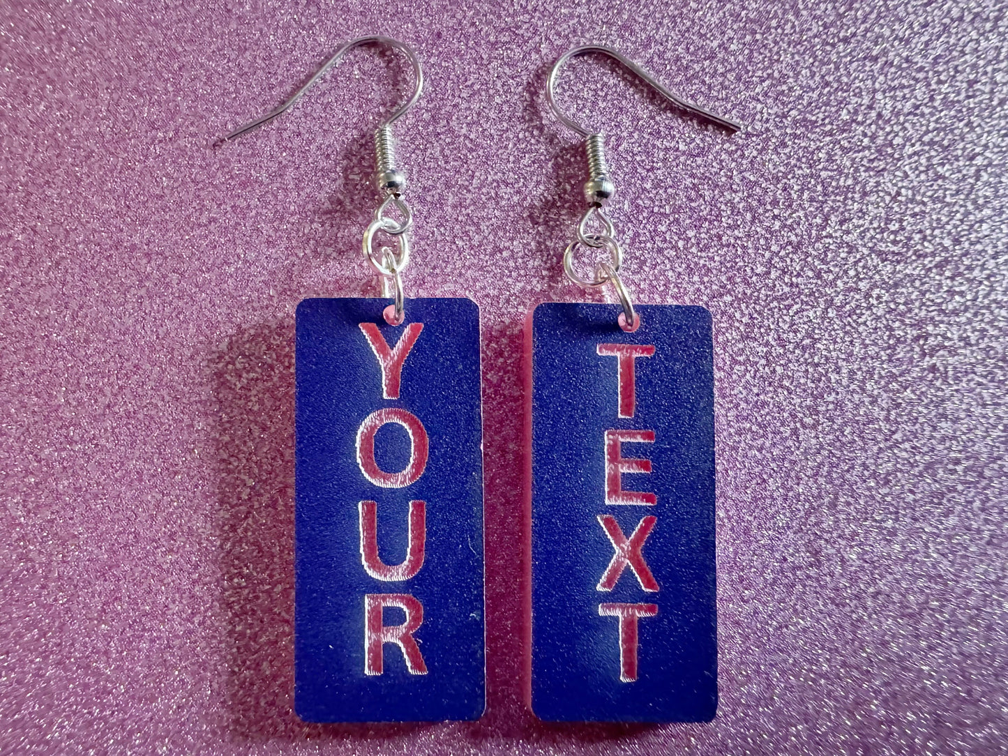 Custom Text Earrings: Laser Engraved Words, Blue with Pink Text, Letters, Names, Teacher Gift, Anniversary, Best Gifts for Her/Him/Them