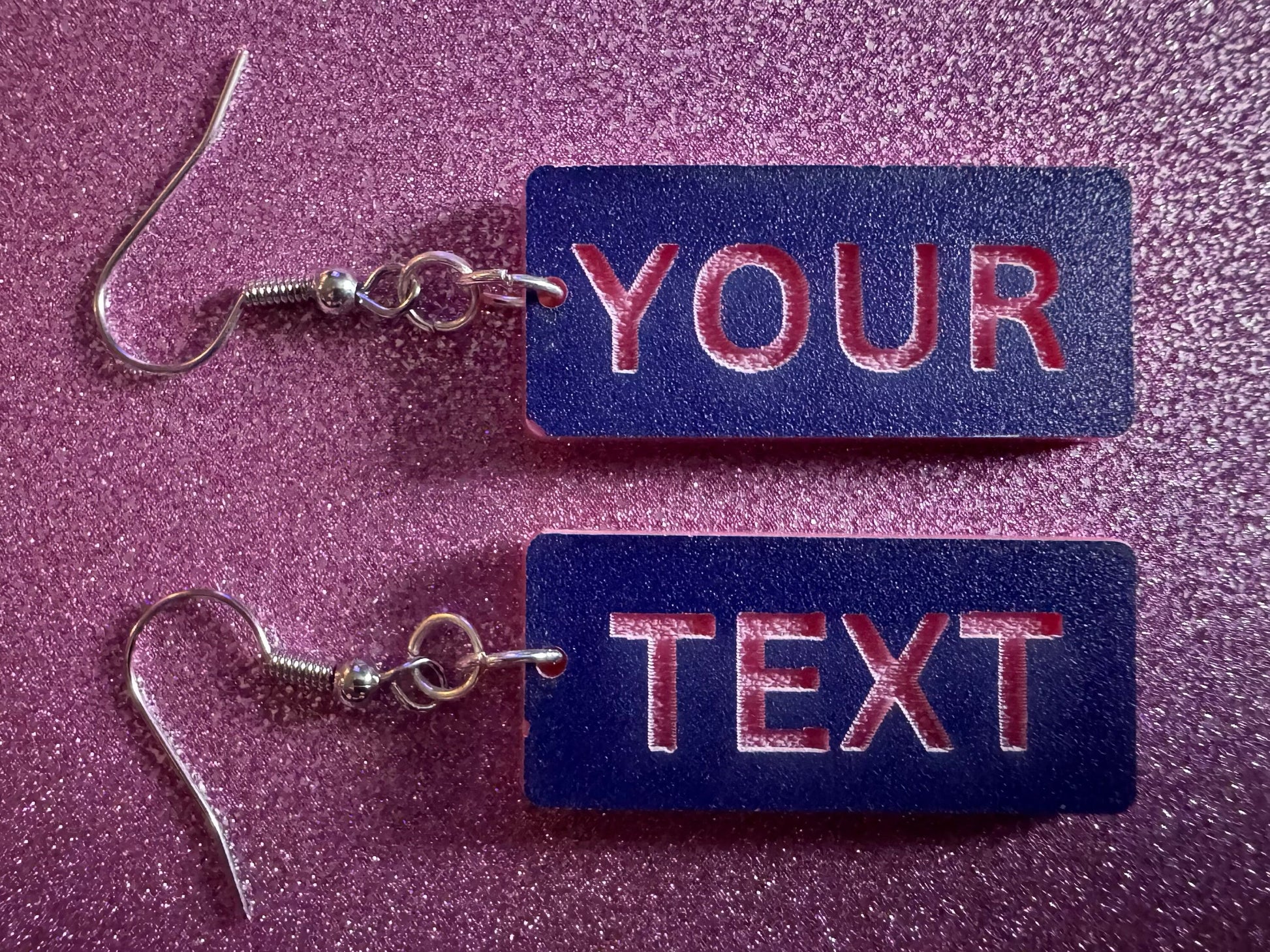 Custom Text Earrings: Laser Engraved Words, Blue with Pink Text, Letters, Names, Teacher Gift, Anniversary, Best Gifts for Her/Him/Them