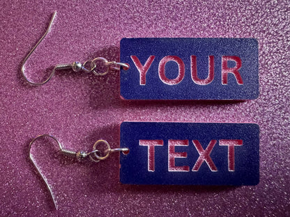Custom Text Earrings: Laser Engraved Words, Blue with Pink Text, Letters, Names, Teacher Gift, Anniversary, Best Gifts for Her/Him/Them
