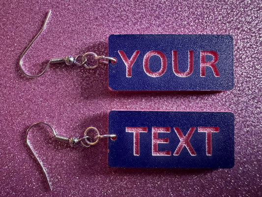 Custom Text Earrings: Laser Engraved Words, Blue with Pink Text, Letters, Names, Teacher Gift, Anniversary, Best Gifts for Her/Him/Them