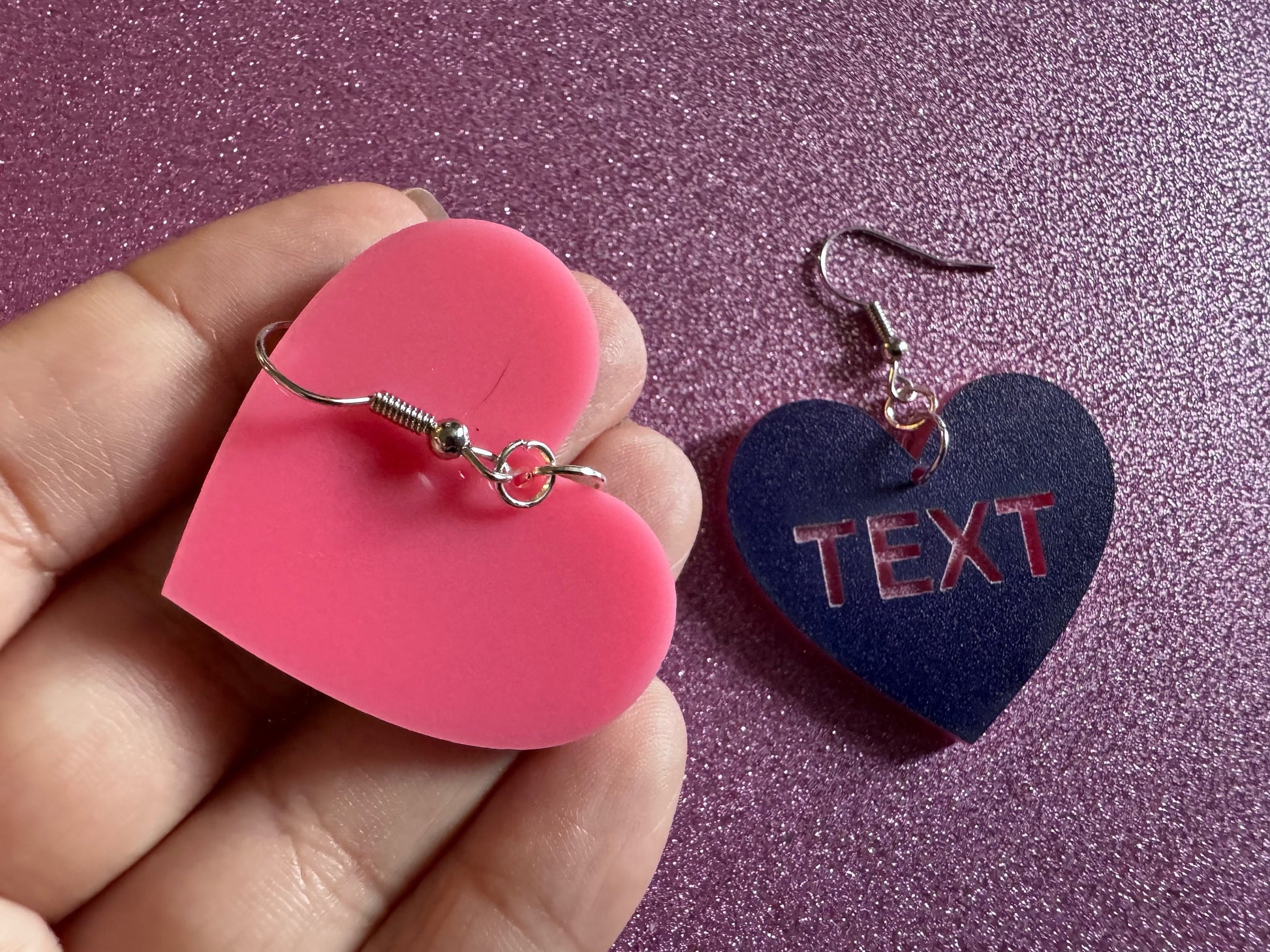 Custom Text Earrings: Laser Engraved Words, Blue with Pink Text, Letters, Names, Teacher Gift, Anniversary, Best Gifts for Her/Him/Them