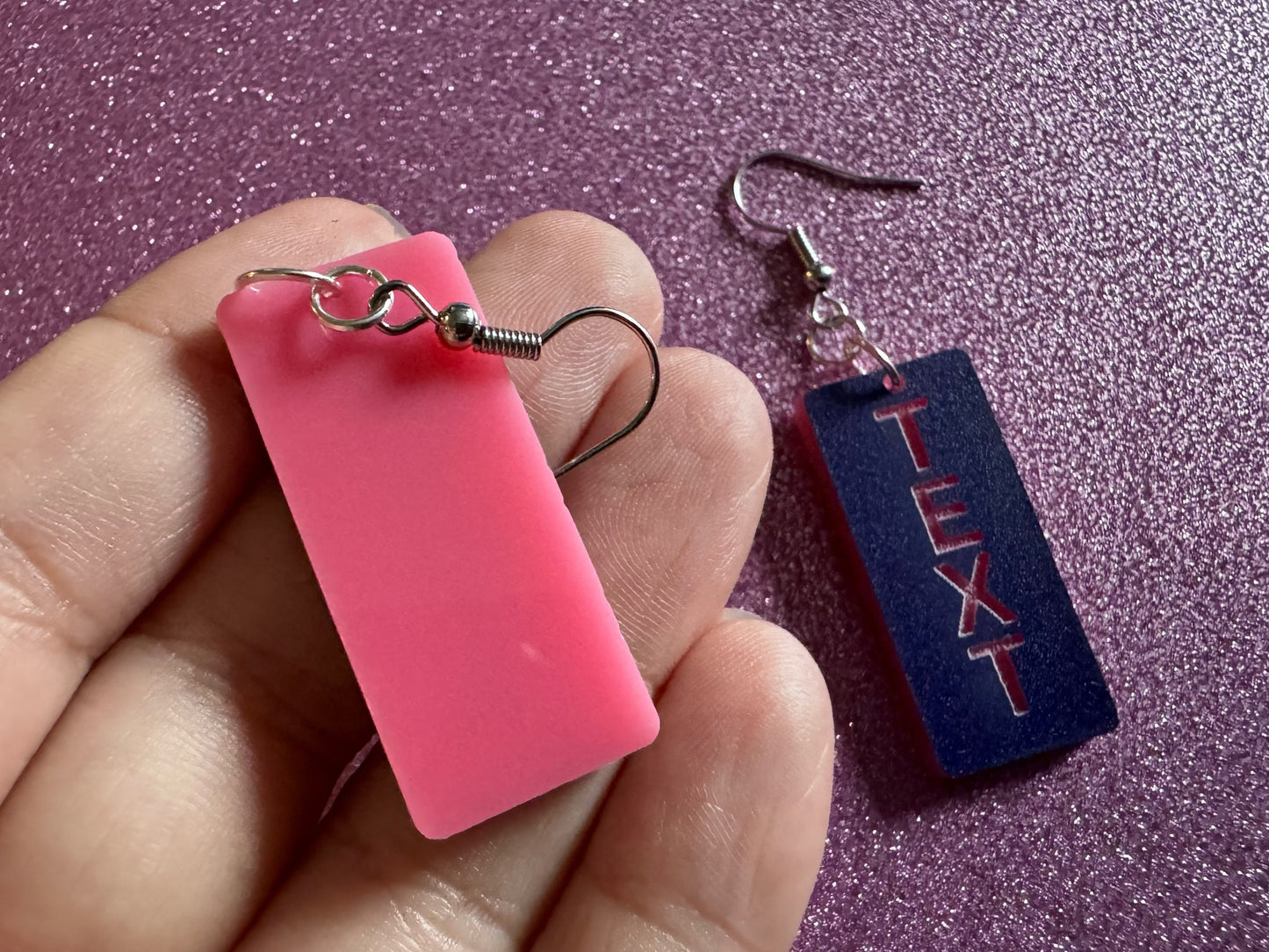 Custom Text Earrings: Laser Engraved Words, Blue with Pink Text, Letters, Names, Teacher Gift, Anniversary, Best Gifts for Her/Him/Them