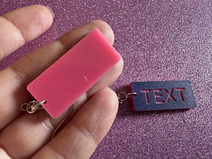 Custom Text Earrings: Laser Engraved Words, Blue with Pink Text, Letters, Names, Teacher Gift, Anniversary, Best Gifts for Her/Him/Them