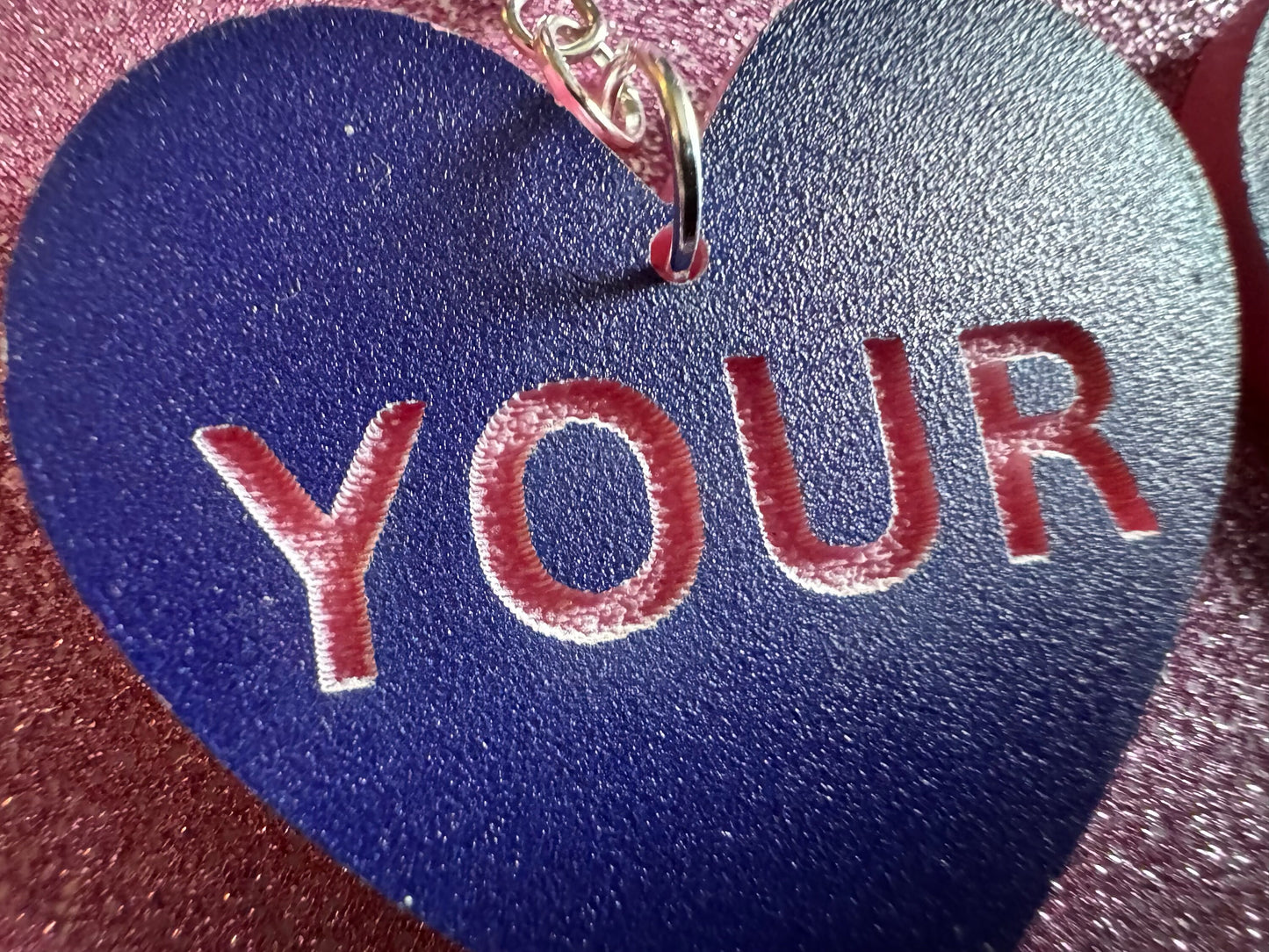 Custom Text Earrings: Laser Engraved Words, Blue with Pink Text, Letters, Names, Teacher Gift, Anniversary, Best Gifts for Her/Him/Them