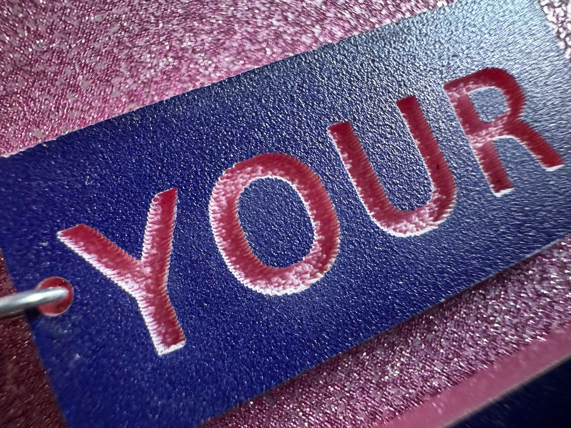 Custom Text Earrings: Laser Engraved Words, Blue with Pink Text, Letters, Names, Teacher Gift, Anniversary, Best Gifts for Her/Him/Them
