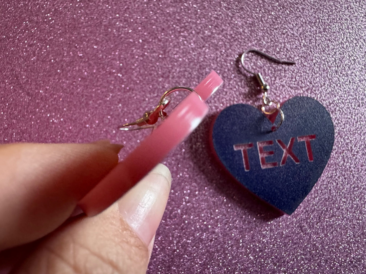 Custom Text Earrings: Laser Engraved Words, Blue with Pink Text, Letters, Names, Teacher Gift, Anniversary, Best Gifts for Her/Him/Them