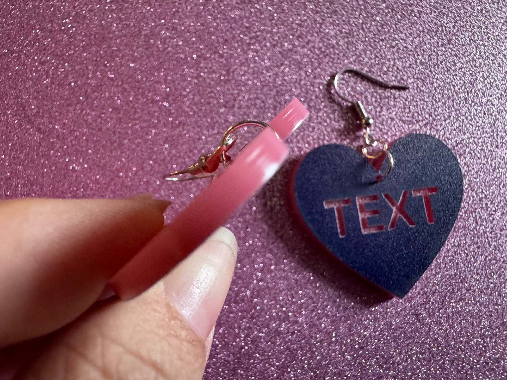 Custom Text Earrings: Laser Engraved Words, Blue with Pink Text, Letters, Names, Teacher Gift, Anniversary, Best Gifts for Her/Him/Them
