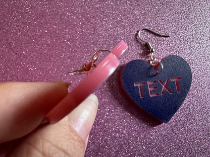 Custom Text Earrings: Laser Engraved Words, Blue with Pink Text, Letters, Names, Teacher Gift, Anniversary, Best Gifts for Her/Him/Them