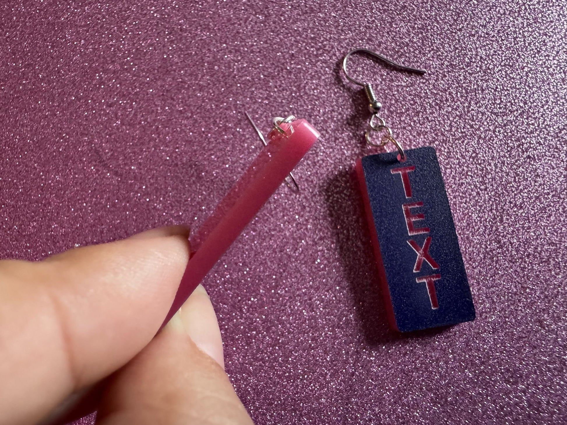 Custom Text Earrings: Laser Engraved Words, Blue with Pink Text, Letters, Names, Teacher Gift, Anniversary, Best Gifts for Her/Him/Them