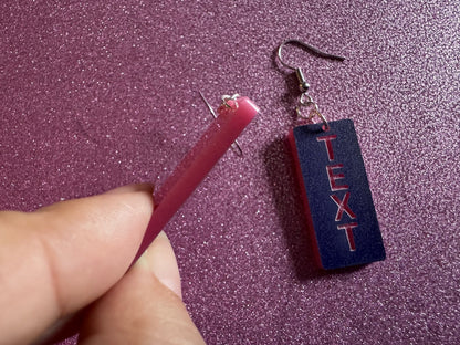 Custom Text Earrings: Laser Engraved Words, Blue with Pink Text, Letters, Names, Teacher Gift, Anniversary, Best Gifts for Her/Him/Them