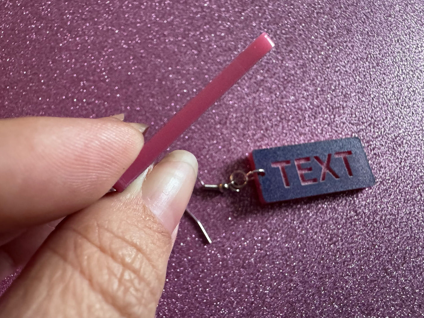 Custom Text Earrings: Laser Engraved Words, Blue with Pink Text, Letters, Names, Teacher Gift, Anniversary, Best Gifts for Her/Him/Them
