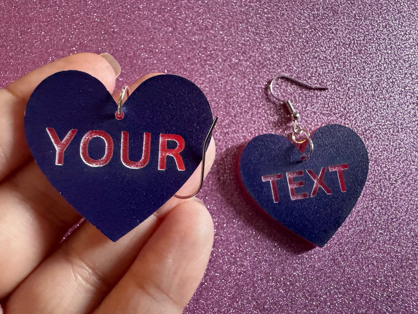 Custom Text Earrings: Laser Engraved Words, Blue with Pink Text, Letters, Names, Teacher Gift, Anniversary, Best Gifts for Her/Him/Them