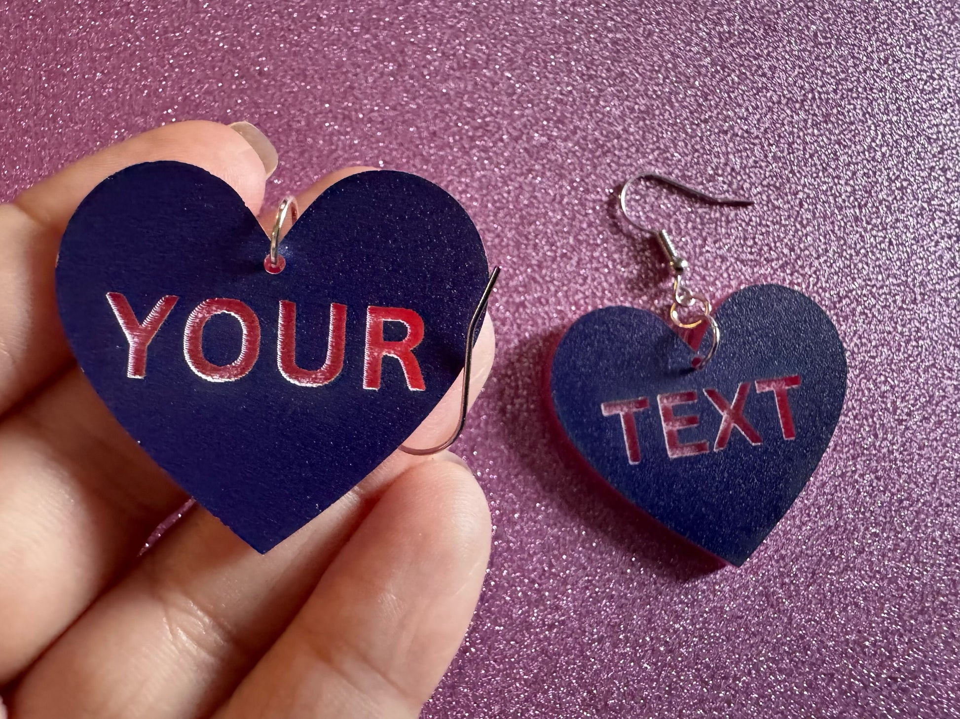 Custom Text Earrings: Laser Engraved Words, Blue with Pink Text, Letters, Names, Teacher Gift, Anniversary, Best Gifts for Her/Him/Them