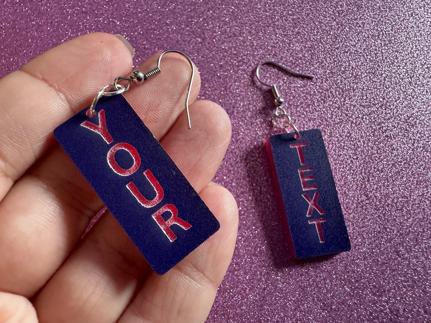 Custom Text Earrings: Laser Engraved Words, Blue with Pink Text, Letters, Names, Teacher Gift, Anniversary, Best Gifts for Her/Him/Them