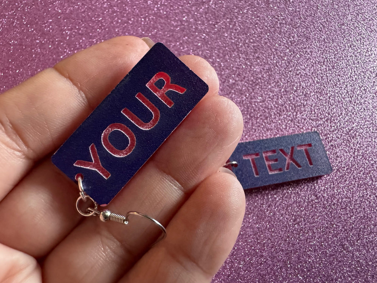 Custom Text Earrings: Laser Engraved Words, Blue with Pink Text, Letters, Names, Teacher Gift, Anniversary, Best Gifts for Her/Him/Them