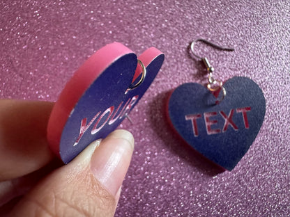 Custom Text Earrings: Laser Engraved Words, Blue with Pink Text, Letters, Names, Teacher Gift, Anniversary, Best Gifts for Her/Him/Them