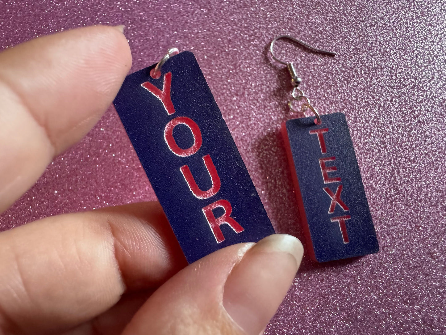 Custom Text Earrings: Laser Engraved Words, Blue with Pink Text, Letters, Names, Teacher Gift, Anniversary, Best Gifts for Her/Him/Them