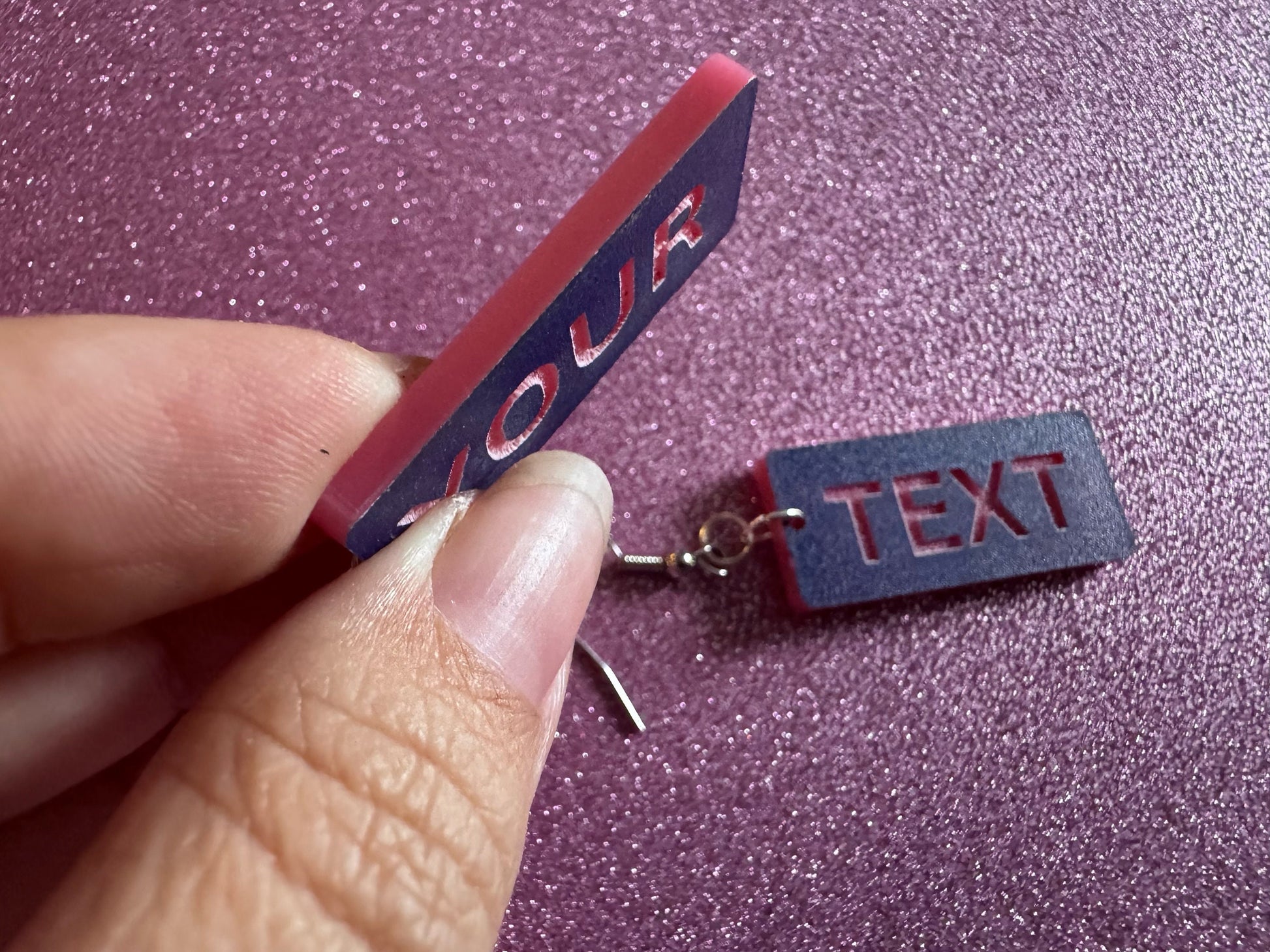 Custom Text Earrings: Laser Engraved Words, Blue with Pink Text, Letters, Names, Teacher Gift, Anniversary, Best Gifts for Her/Him/Them
