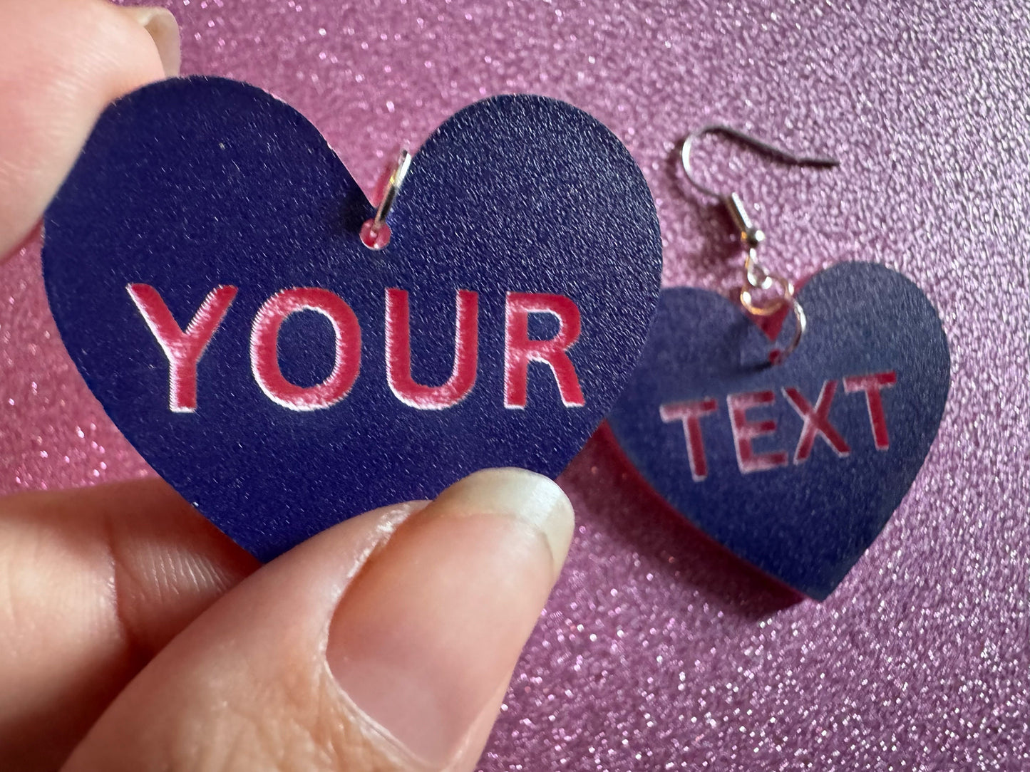 Custom Text Earrings: Laser Engraved Words, Blue with Pink Text, Letters, Names, Teacher Gift, Anniversary, Best Gifts for Her/Him/Them