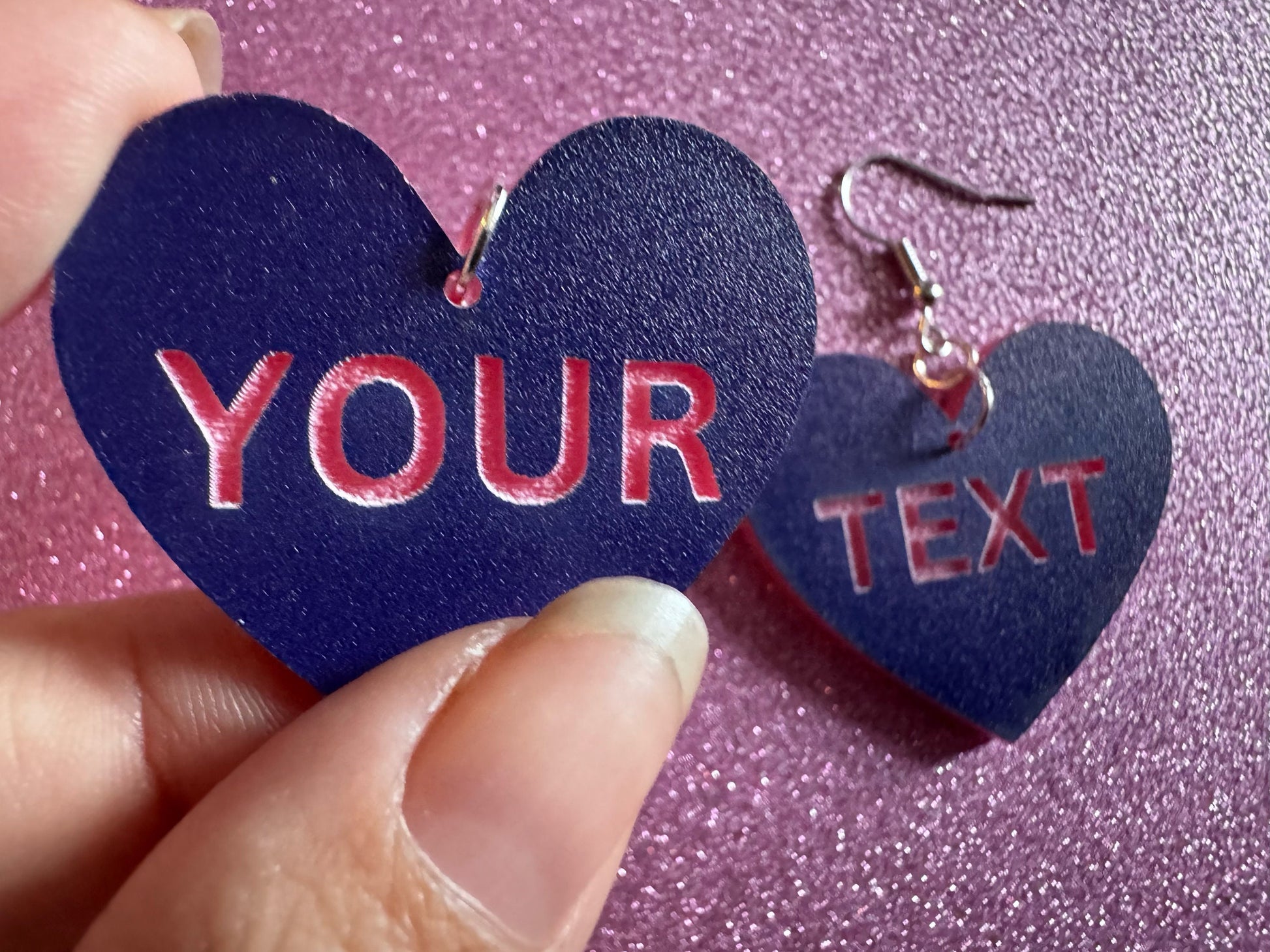 Custom Text Earrings: Laser Engraved Words, Blue with Pink Text, Letters, Names, Teacher Gift, Anniversary, Best Gifts for Her/Him/Them