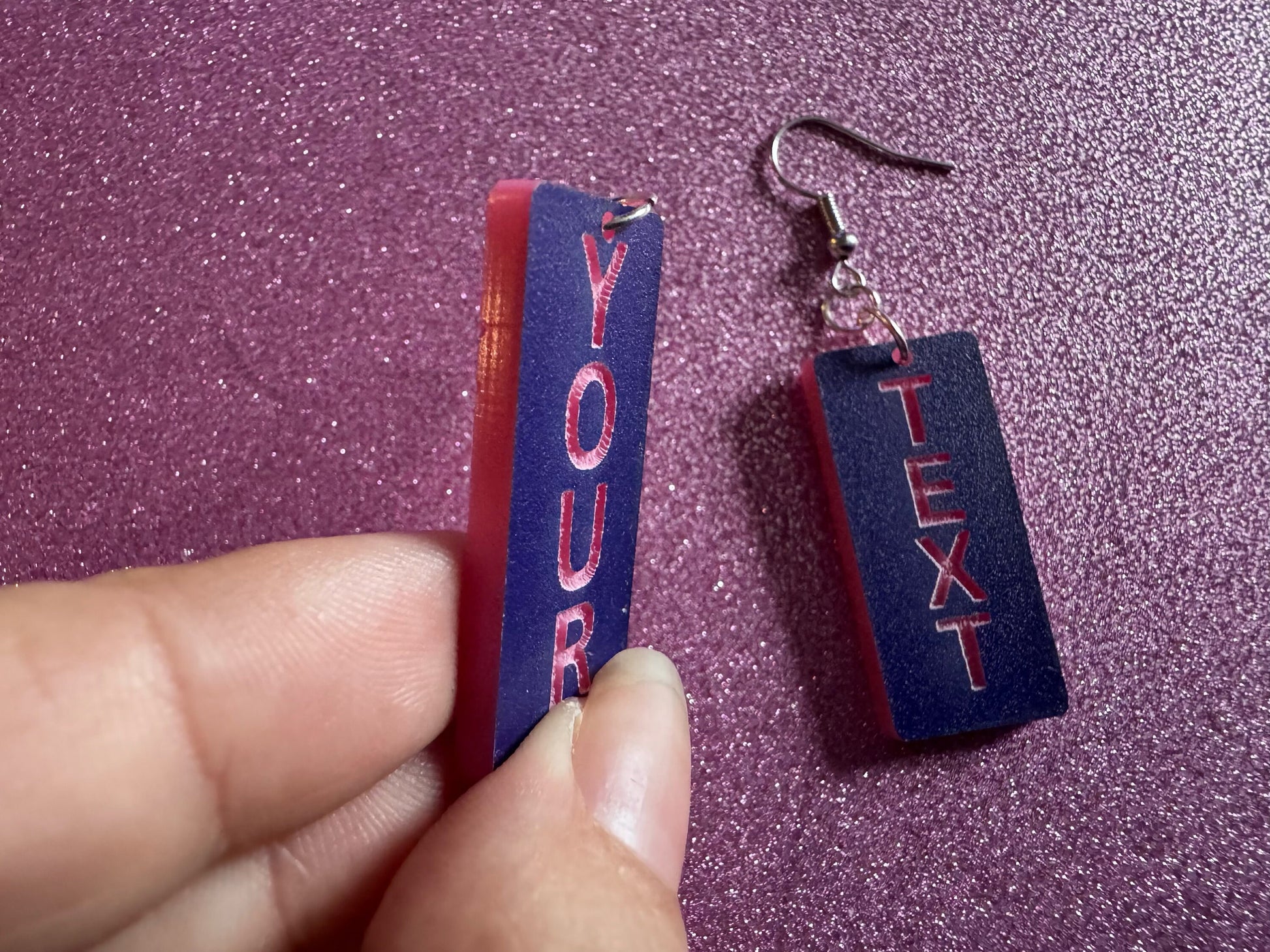 Custom Text Earrings: Laser Engraved Words, Blue with Pink Text, Letters, Names, Teacher Gift, Anniversary, Best Gifts for Her/Him/Them