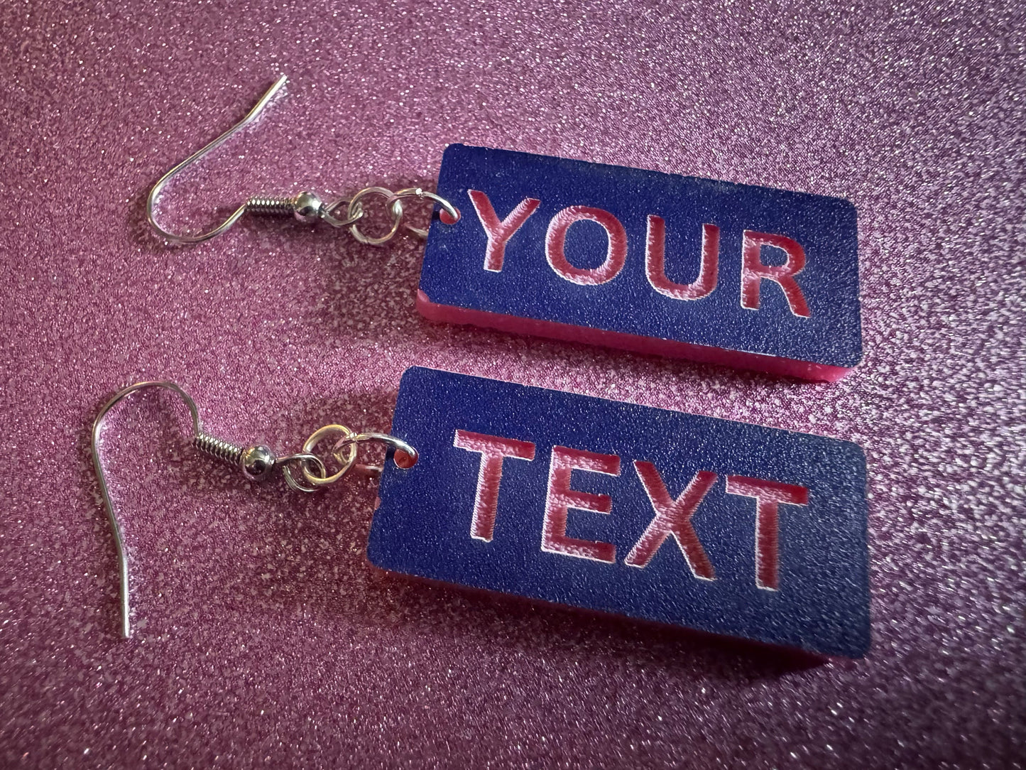 Custom Text Earrings: Laser Engraved Words, Blue with Pink Text, Letters, Names, Teacher Gift, Anniversary, Best Gifts for Her/Him/Them