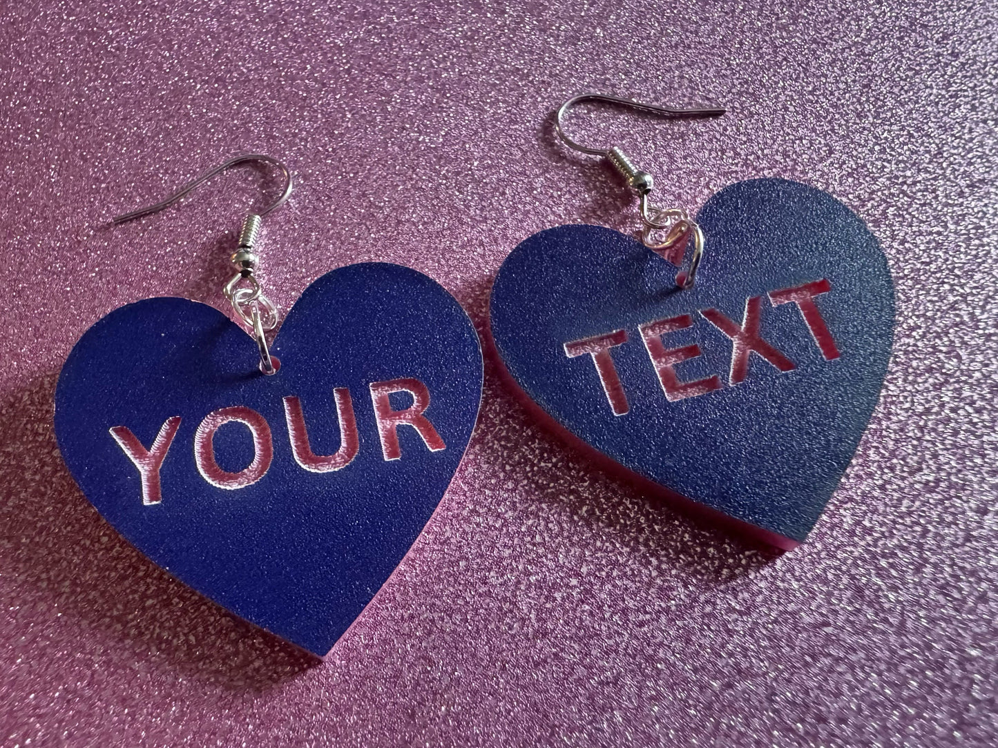 Custom Text Earrings: Laser Engraved Words, Blue with Pink Text, Letters, Names, Teacher Gift, Anniversary, Best Gifts for Her/Him/Them