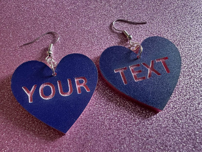 Custom Text Earrings: Laser Engraved Words, Blue with Pink Text, Letters, Names, Teacher Gift, Anniversary, Best Gifts for Her/Him/Them