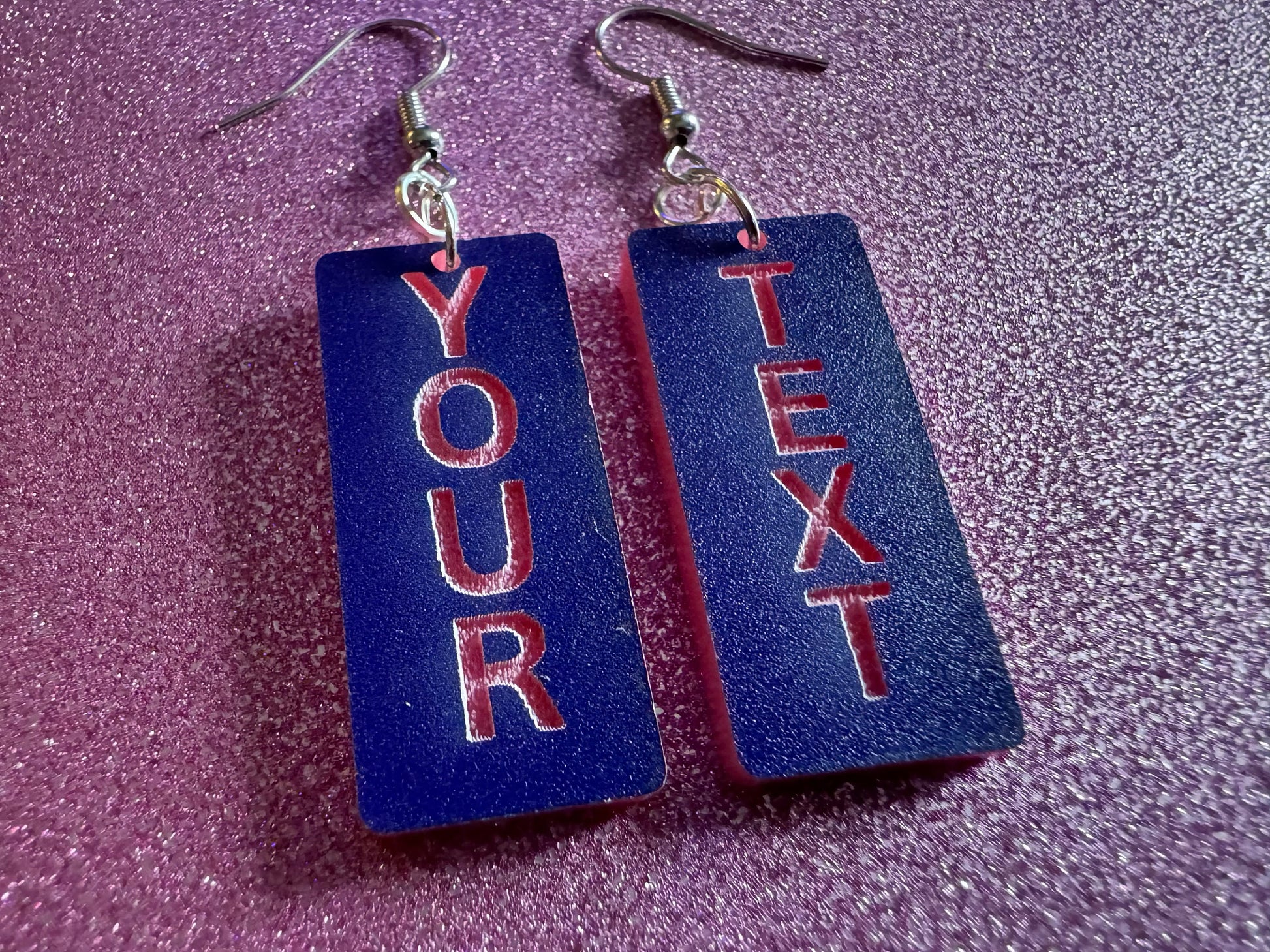 Custom Text Earrings: Laser Engraved Words, Blue with Pink Text, Letters, Names, Teacher Gift, Anniversary, Best Gifts for Her/Him/Them