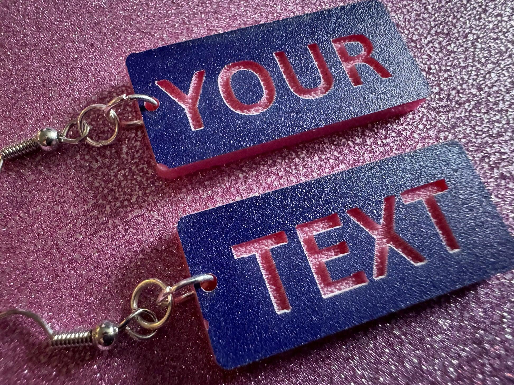 Custom Text Earrings: Laser Engraved Words, Blue with Pink Text, Letters, Names, Teacher Gift, Anniversary, Best Gifts for Her/Him/Them