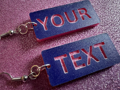 Custom Text Earrings: Laser Engraved Words, Blue with Pink Text, Letters, Names, Teacher Gift, Anniversary, Best Gifts for Her/Him/Them