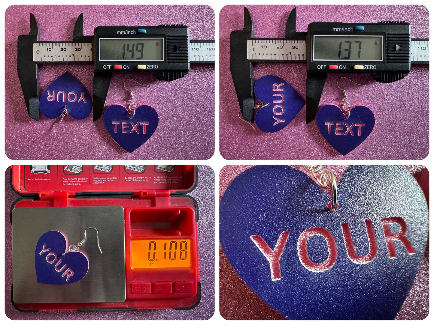Custom Text Earrings: Laser Engraved Words, Blue with Pink Text, Letters, Names, Teacher Gift, Anniversary, Best Gifts for Her/Him/Them