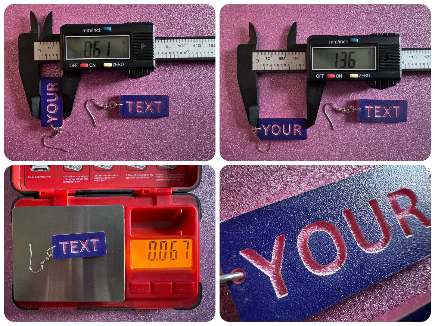 Custom Text Earrings: Laser Engraved Words, Blue with Pink Text, Letters, Names, Teacher Gift, Anniversary, Best Gifts for Her/Him/Them