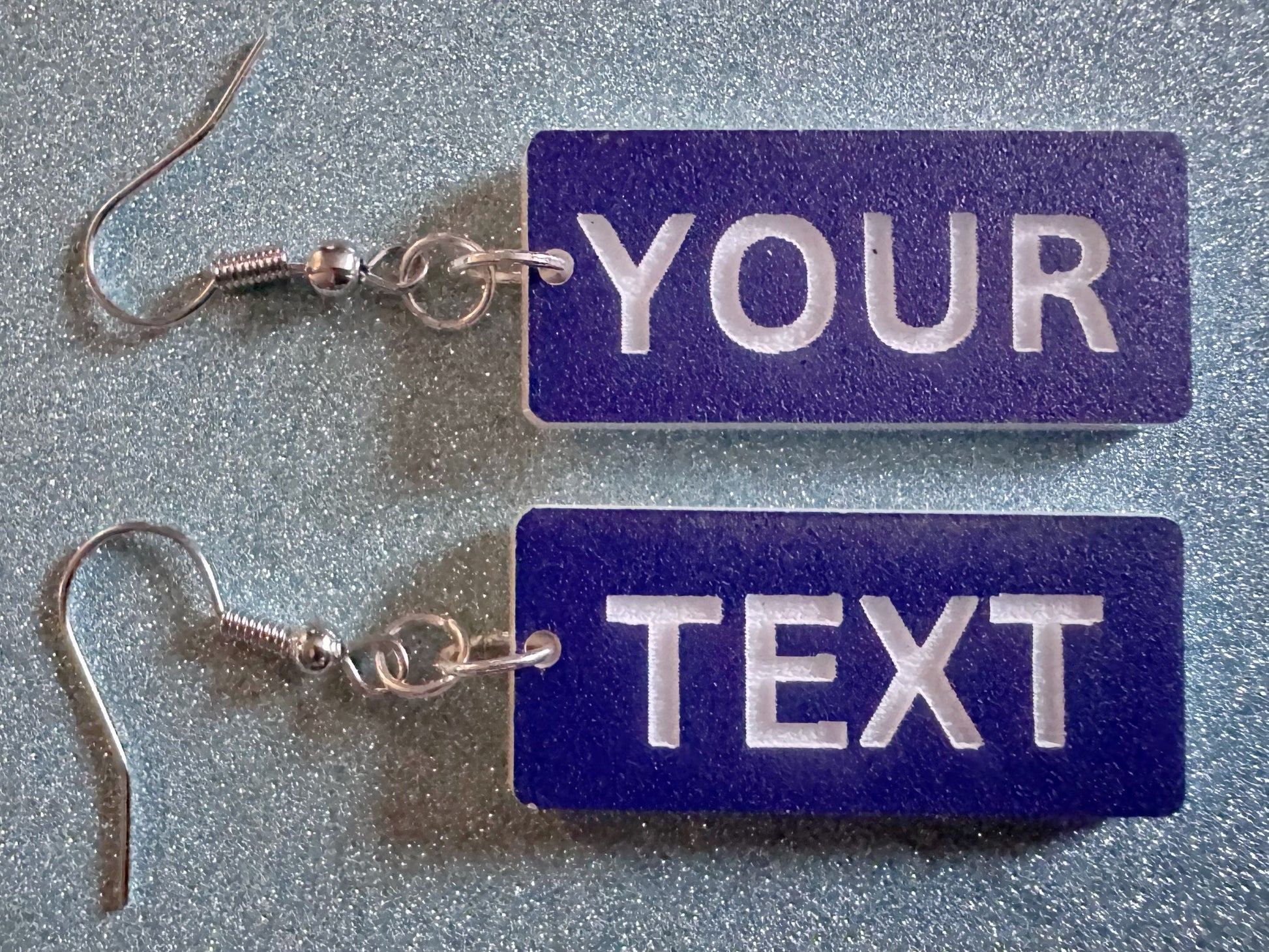 Custom Text Earrings: Laser Engraved Words, Blue with White Text, Letters, Names, Teacher Gift, Anniversary, Best Gifts for Her/Him/Them