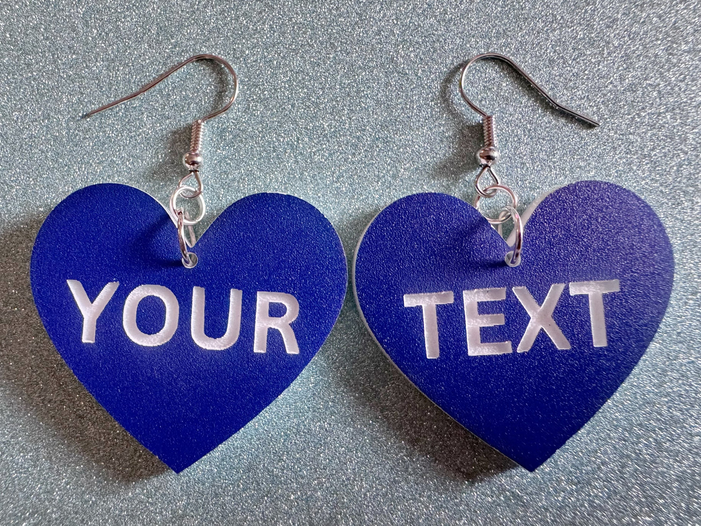 Custom Text Earrings: Laser Engraved Words, Blue with White Text, Letters, Names, Teacher Gift, Anniversary, Best Gifts for Her/Him/Them